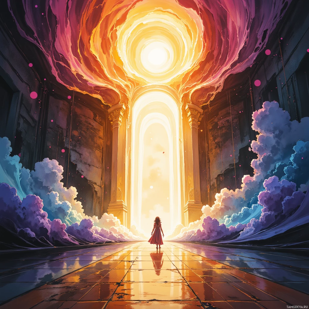 A figure stands at the entrance of a grand, ethereal hallway leading to a bright, glowing portal.