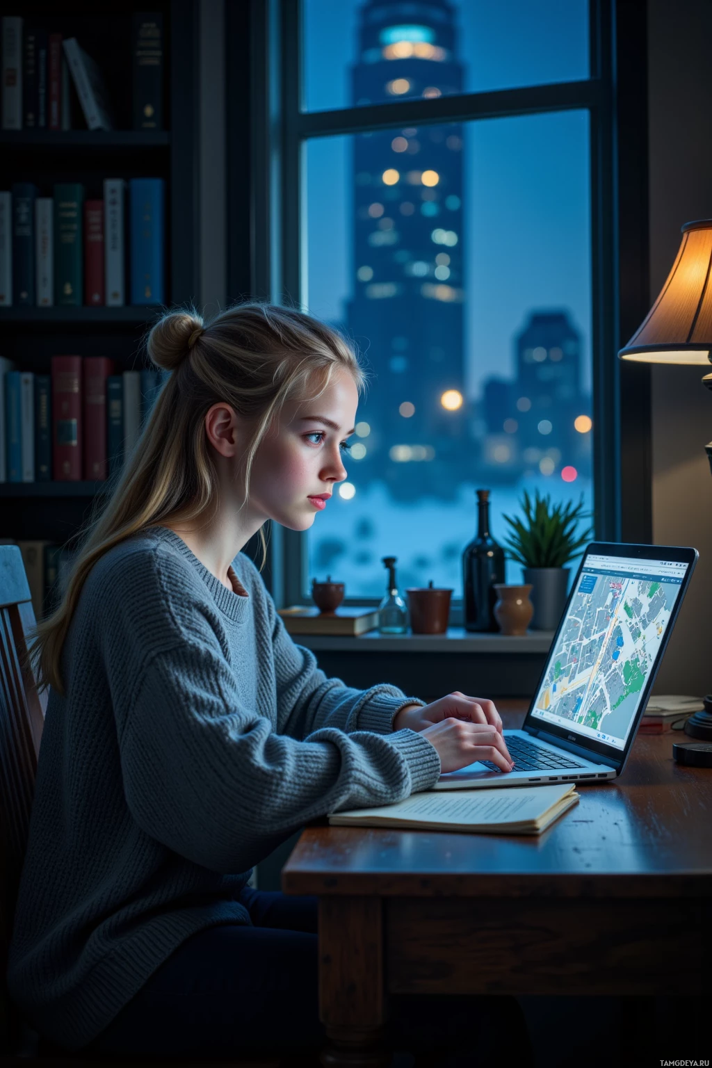 A young woman sits at a desk, working on a laptop with a cityscape visible through the window behind her.