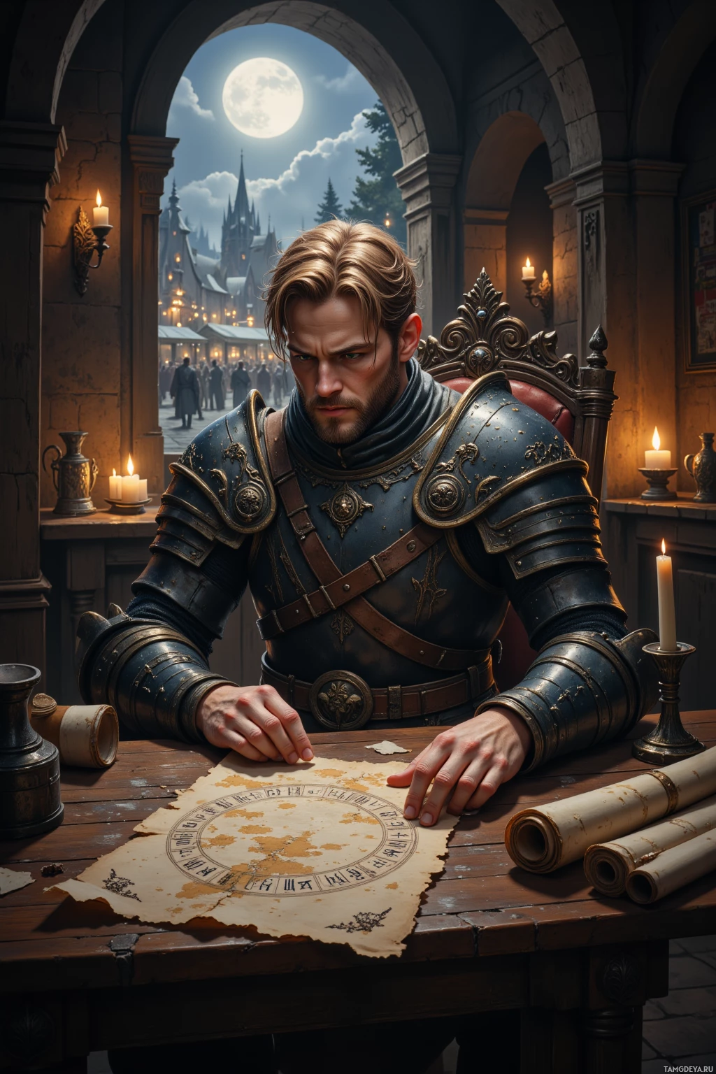 A knight in armor sits at a table, examining a map under candlelight.