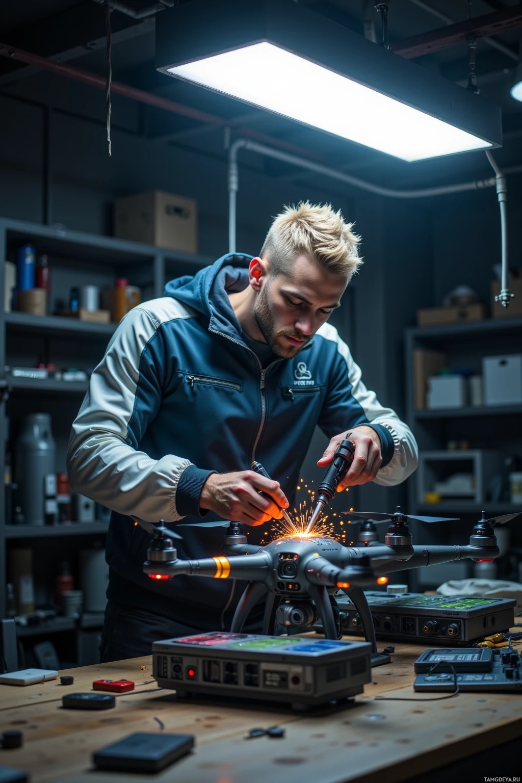 A person is working on a drone in a workshop, using a tool that creates sparks.