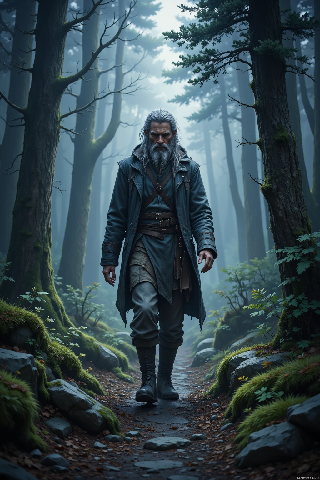 A man with long white hair and a beard walks through a misty forest.