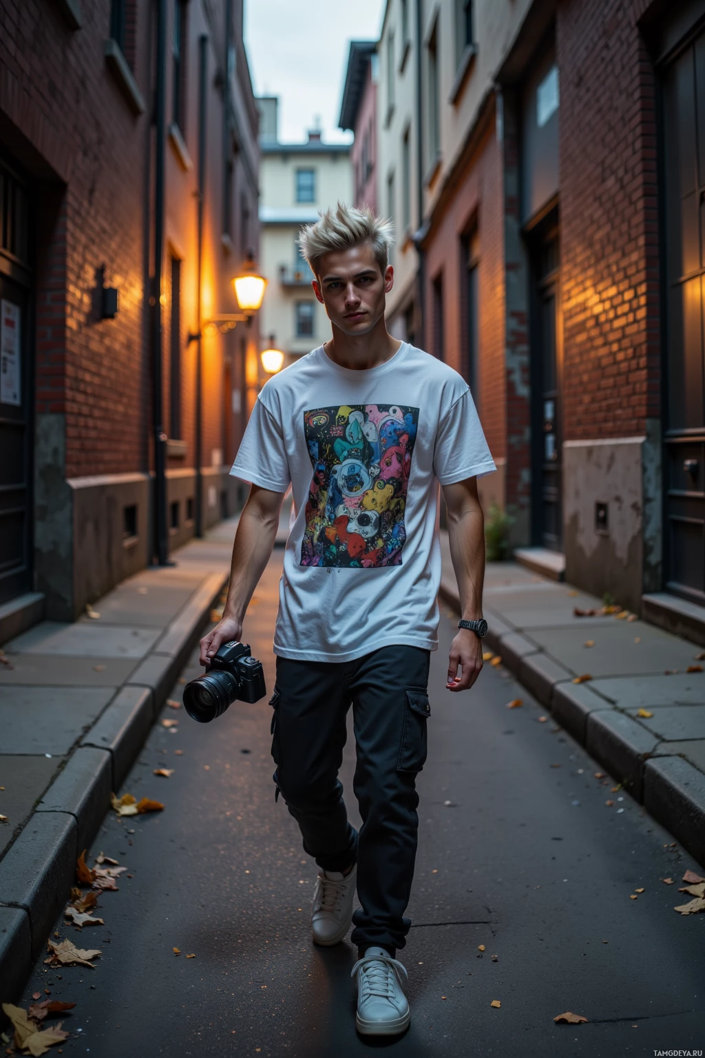 A person walks down a narrow alleyway holding a camera, wearing a white t-shirt with a colorful graphic and dark pants.
