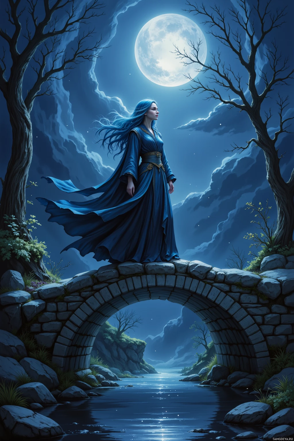 A woman in a flowing blue gown stands on a stone bridge under a full moon.