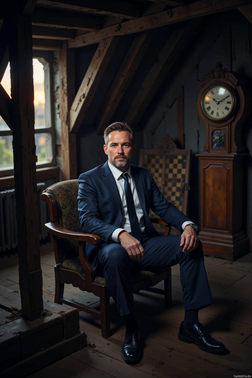 A man in a suit sits in a wooden chair in a rustic room with a clock and chessboard.