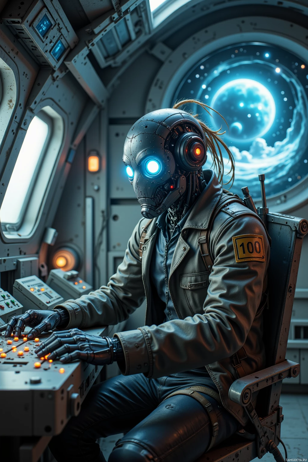 A futuristic robot pilot in a space suit operates a control panel inside a spacecraft.