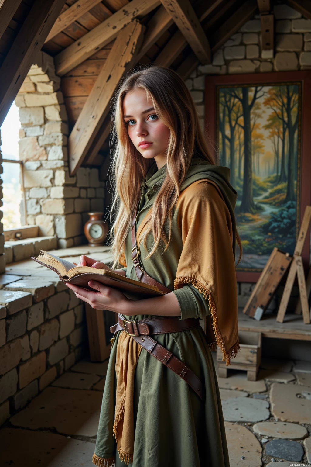 A person in a medieval-style outfit holds an open book, standing in a rustic room with stone walls and wooden beams.