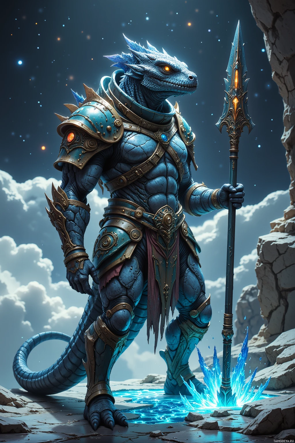 A blue dragon-like creature in ornate armor holds a spear, standing amidst rocky terrain with a glowing blue pool beneath its feet.