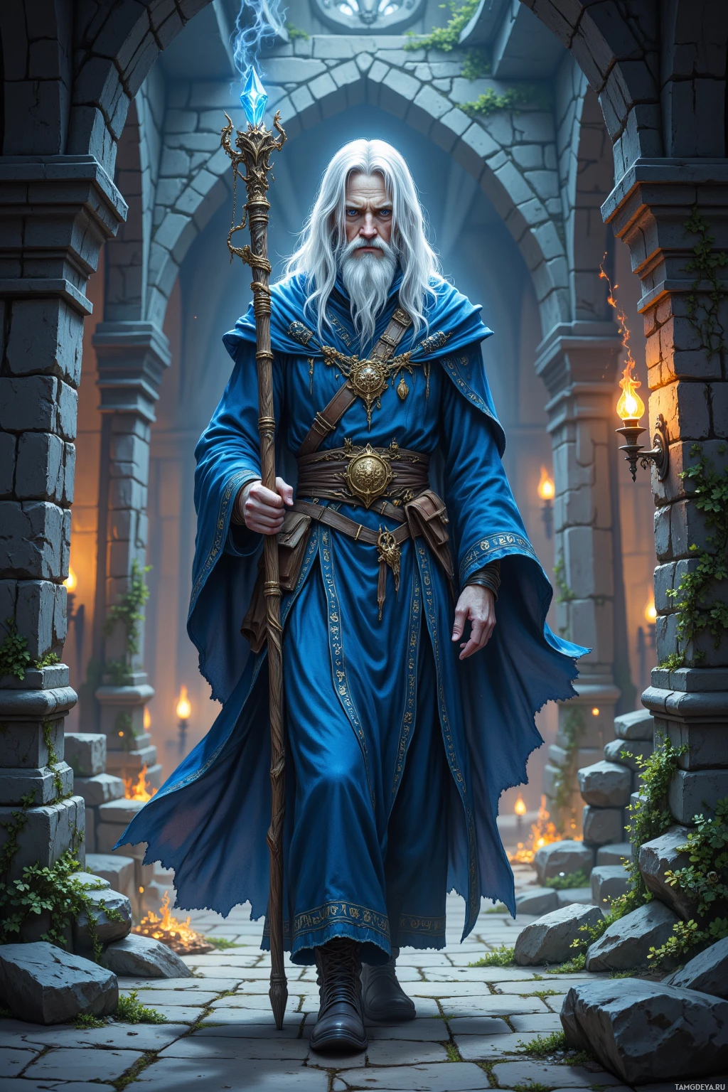 A wizard in blue robes stands in a stone archway, holding a staff with a glowing tip.