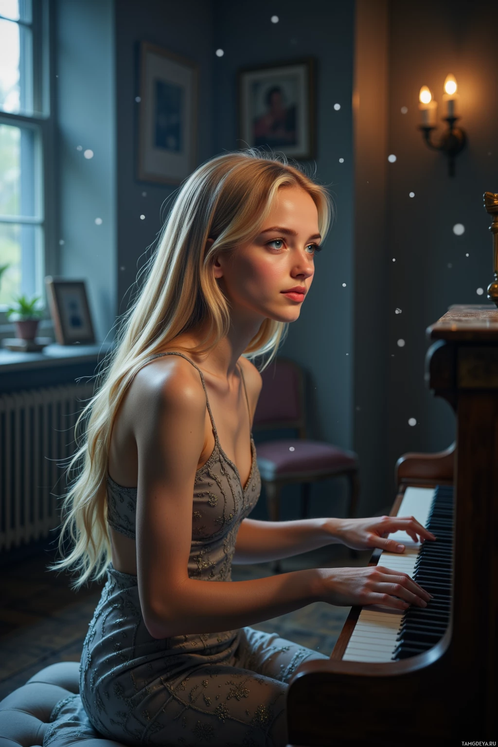 A woman in a dress plays a piano in a warmly lit room.