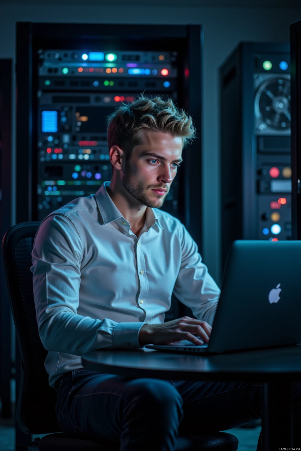 A man in a white shirt sits at a desk, working on a laptop in a dimly lit room with server equipment in the background.