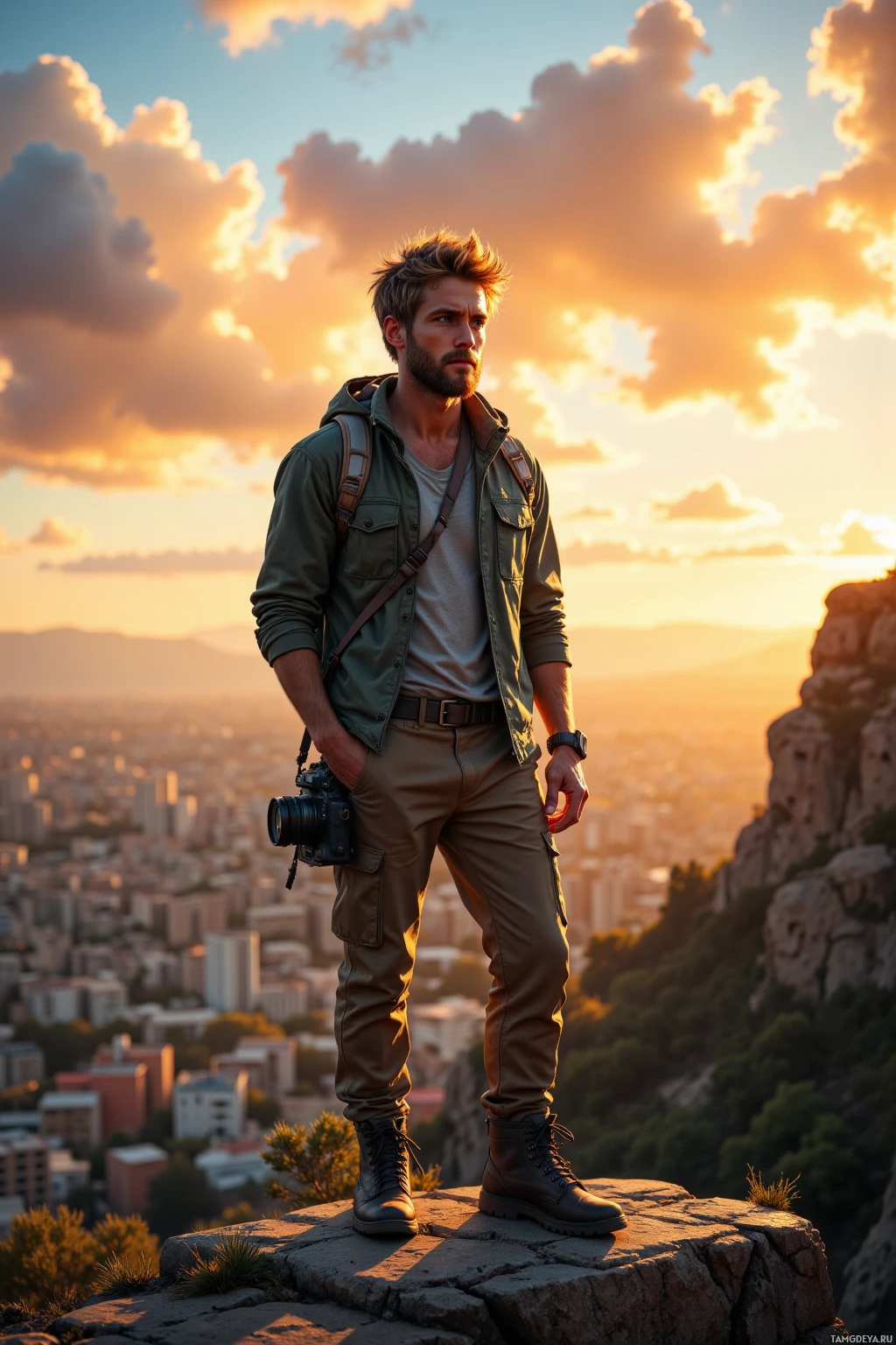 A man stands on a rocky outcrop overlooking a cityscape at sunset.