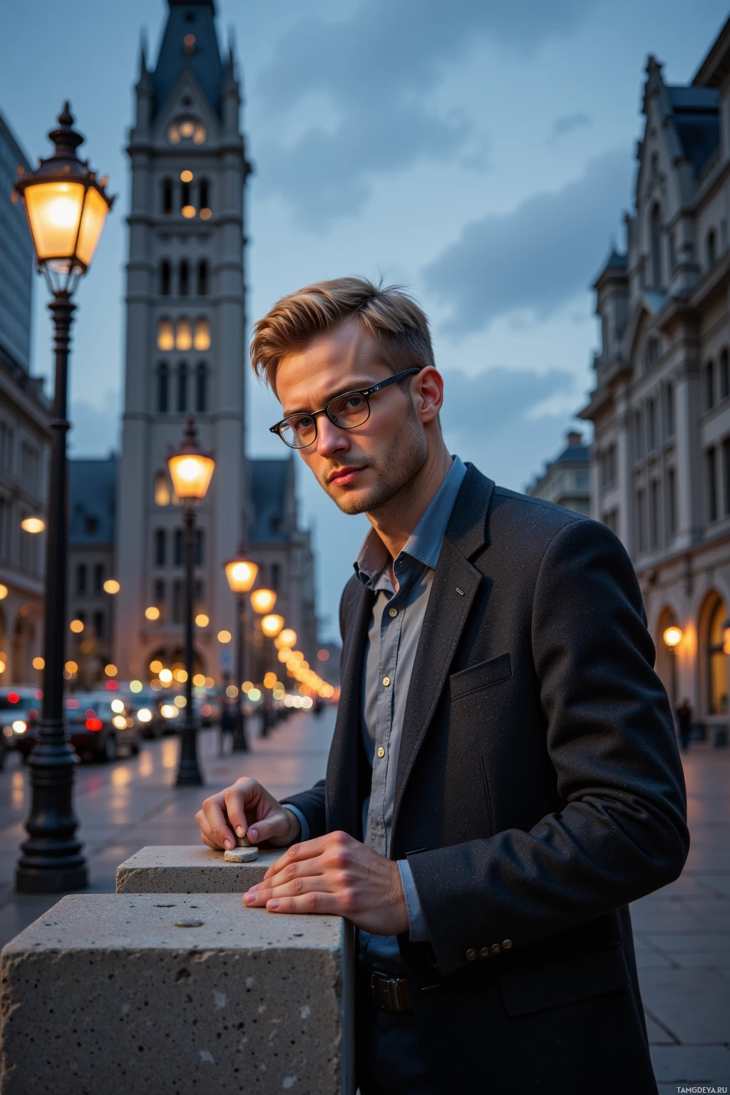 A man in a suit stands on a city street at dusk, leaning on a concrete block.