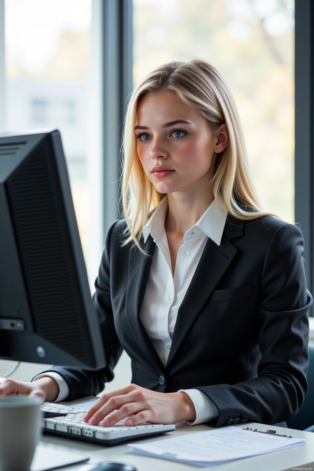 A woman in a professional setting is working at a desk with a computer.