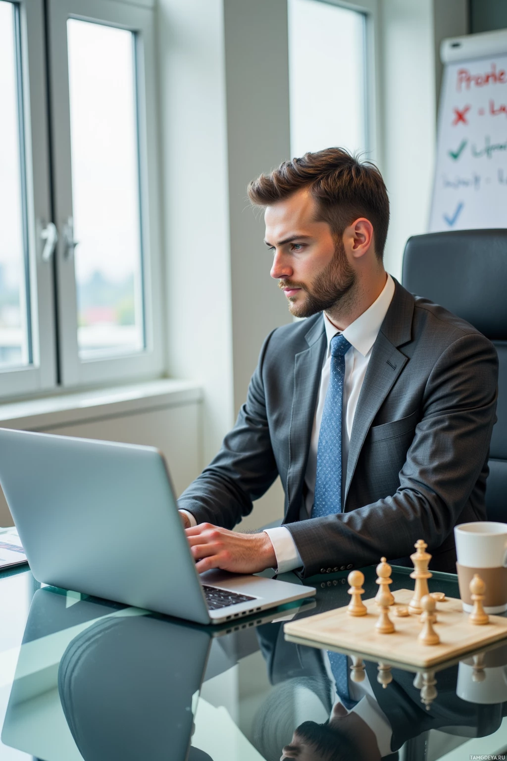 A man in a suit works on a laptop at a desk with a chess set nearby.