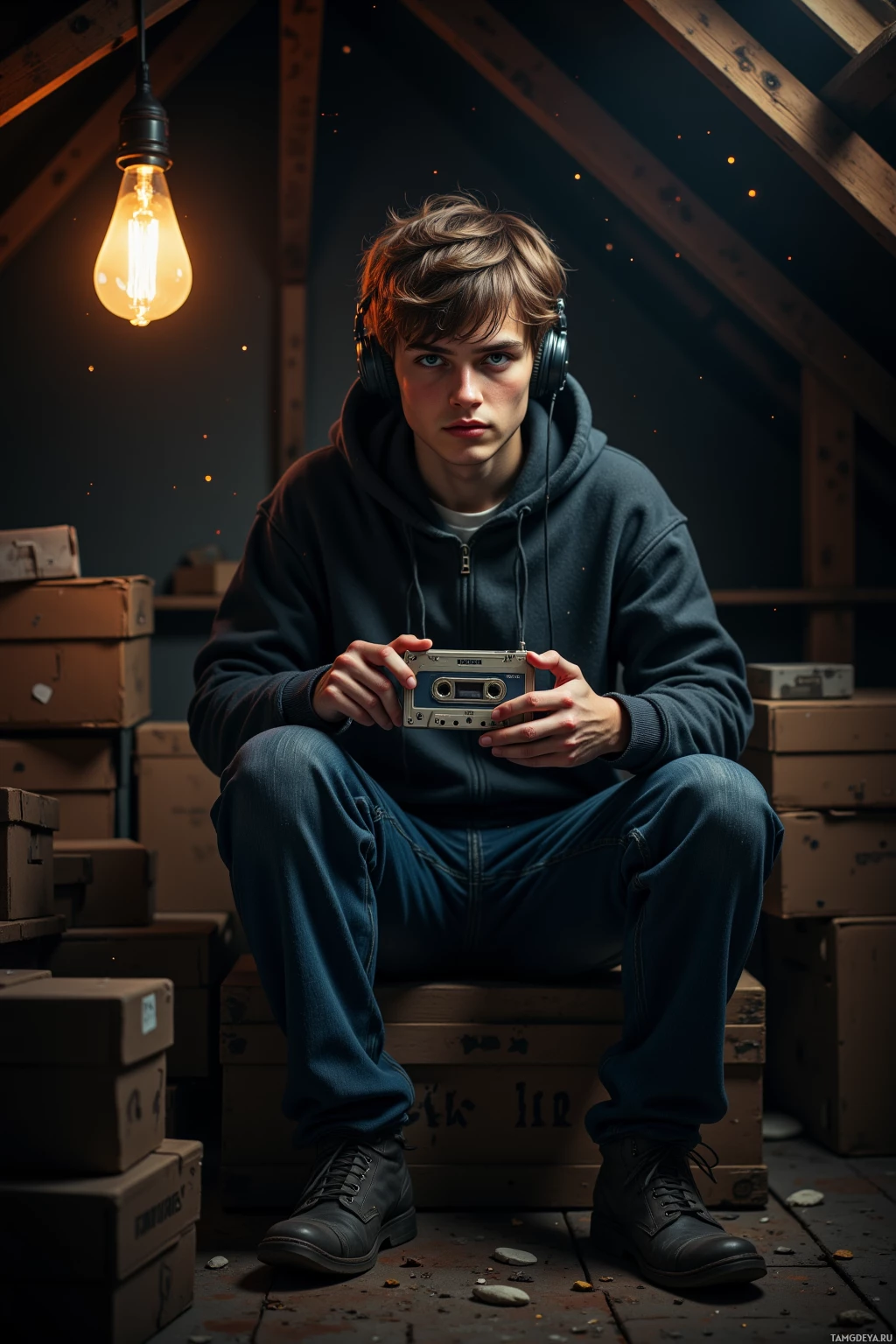 A young person sits on stacked boxes in a dimly lit attic, holding a cassette tape and wearing headphones.
