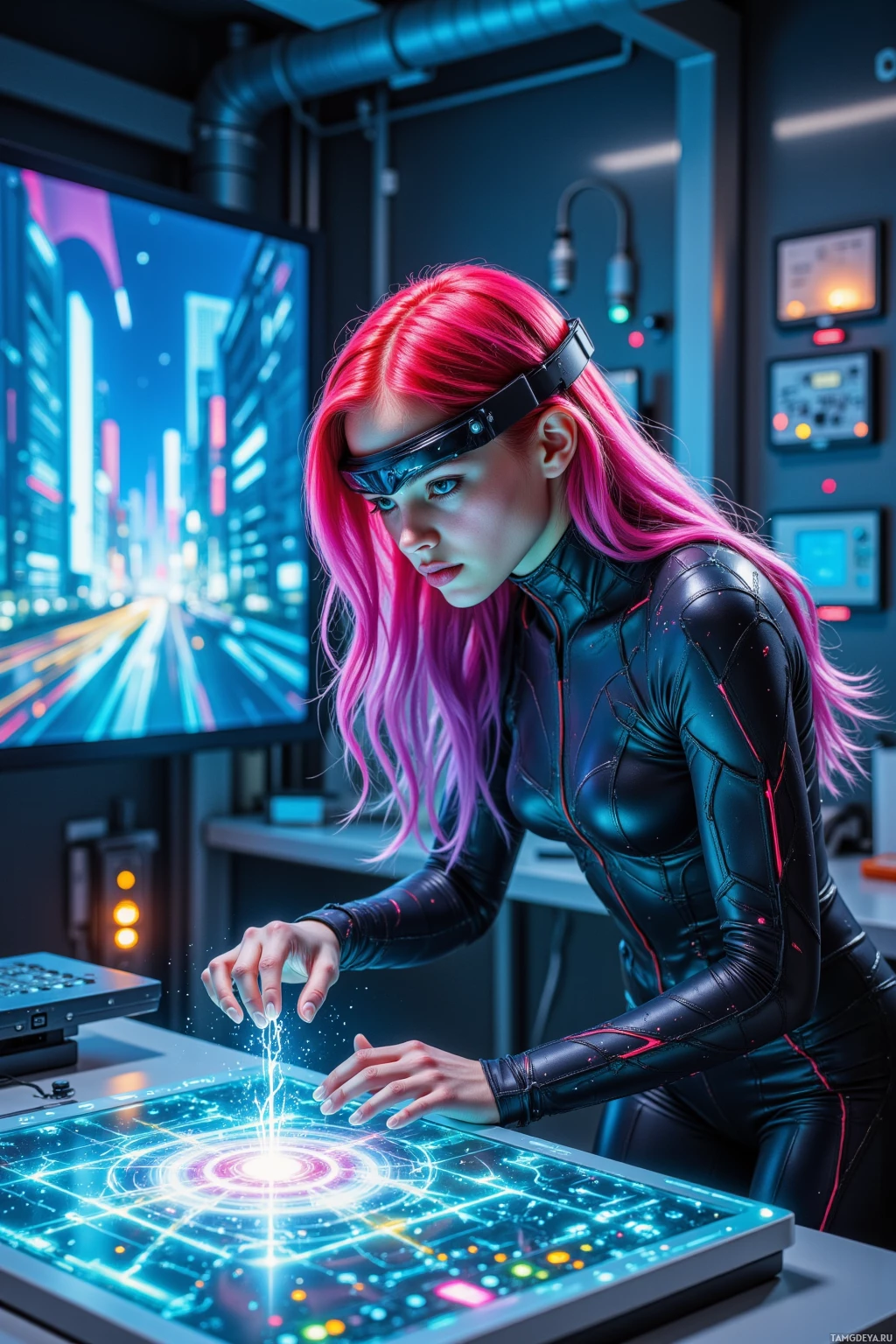 A person with pink hair in a futuristic outfit interacts with a glowing, high-tech interface.