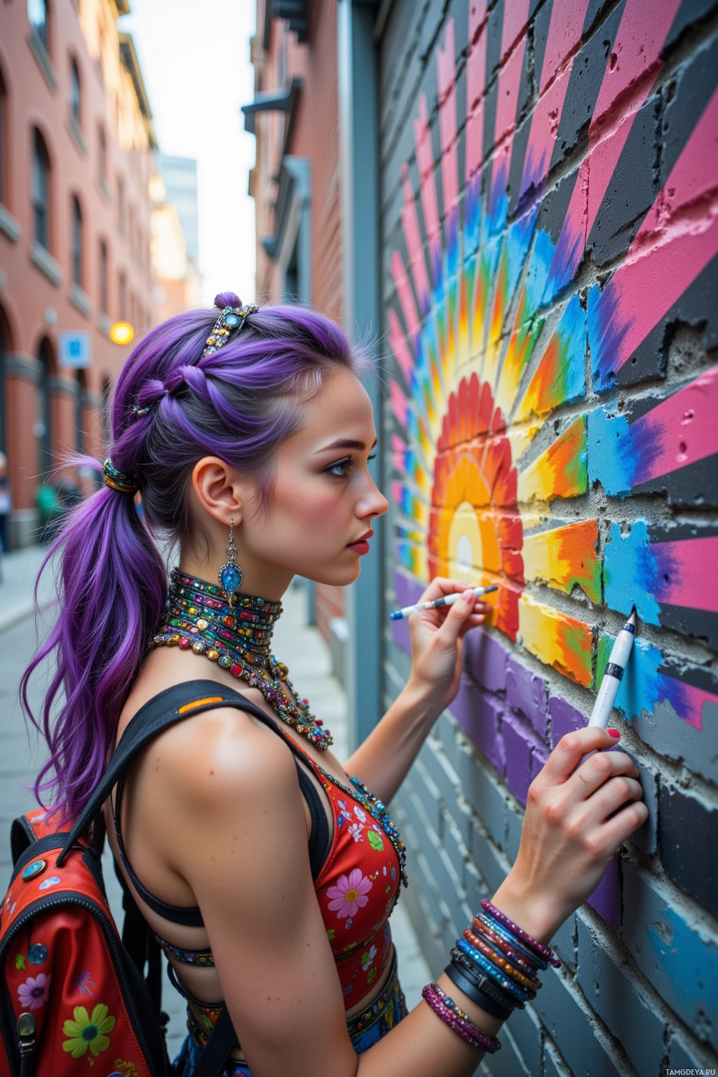 A person with purple hair and colorful accessories is painting a rainbow mural on a brick wall.