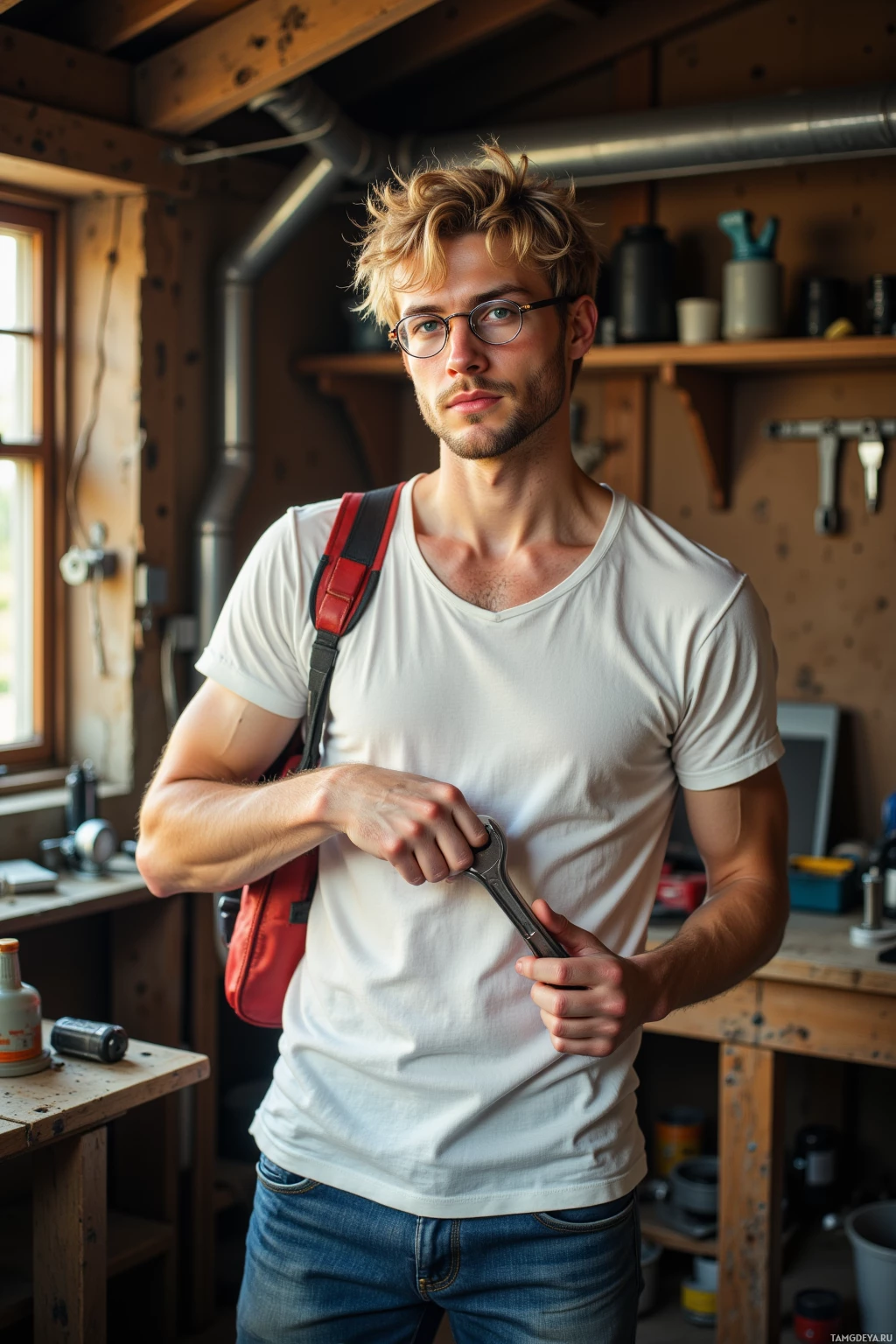 A man in a workshop holding a tool, wearing a white t-shirt and jeans.
