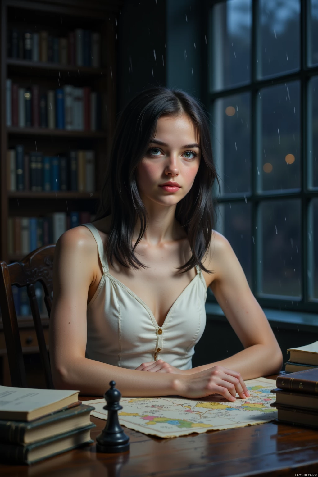 A woman sits at a desk in a library, surrounded by books and a chess piece.