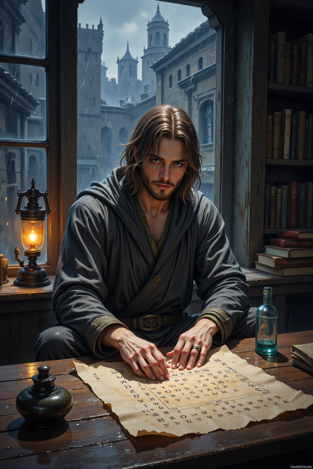 A man sits at a desk in a rainy, medieval-style setting, surrounded by books and a lantern, with a scroll of text in front of him.