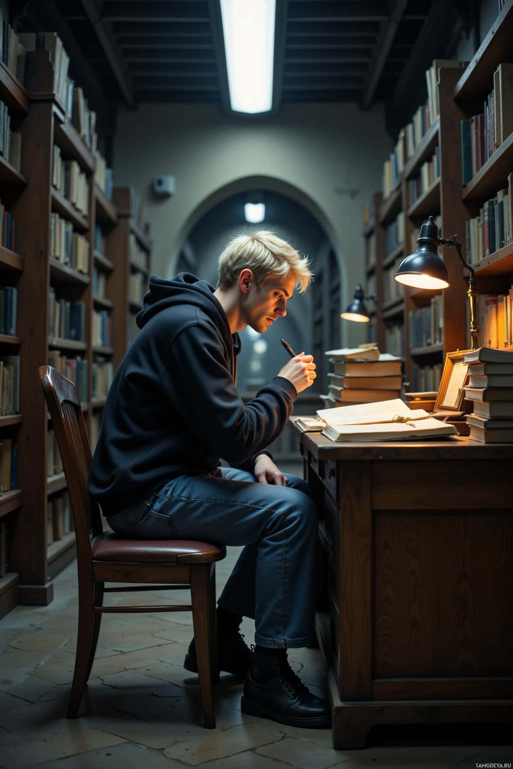 A person sits at a desk in a library, writing with a pen.