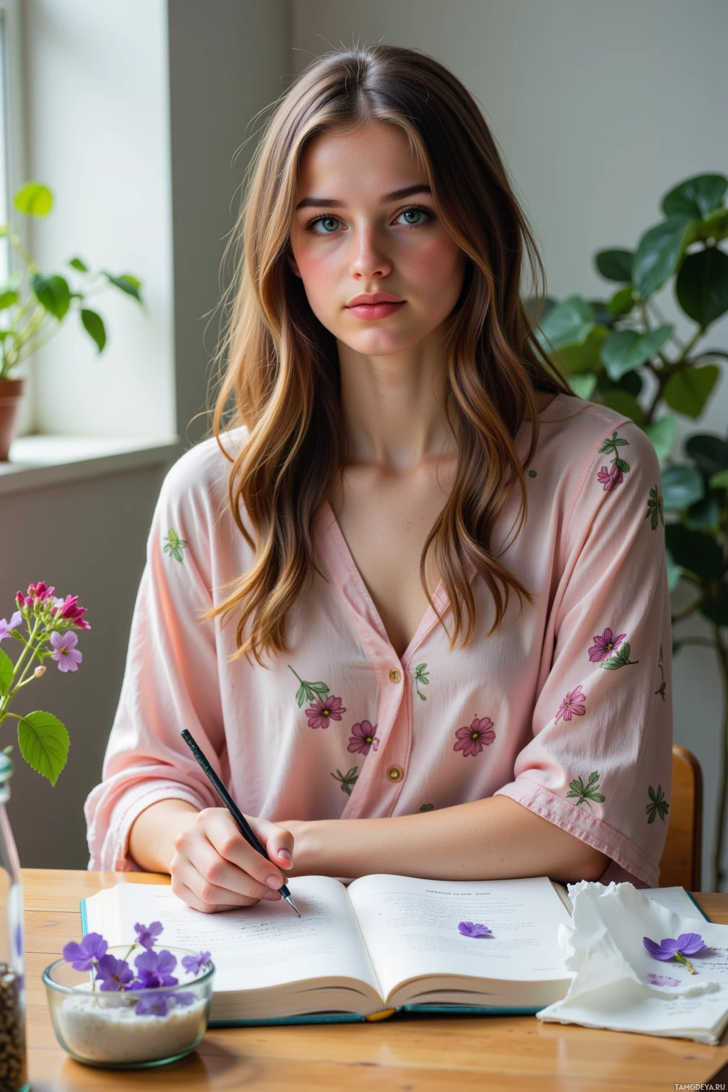 A young woman in a pink floral blouse is sitting at a table, writing in a notebook.
