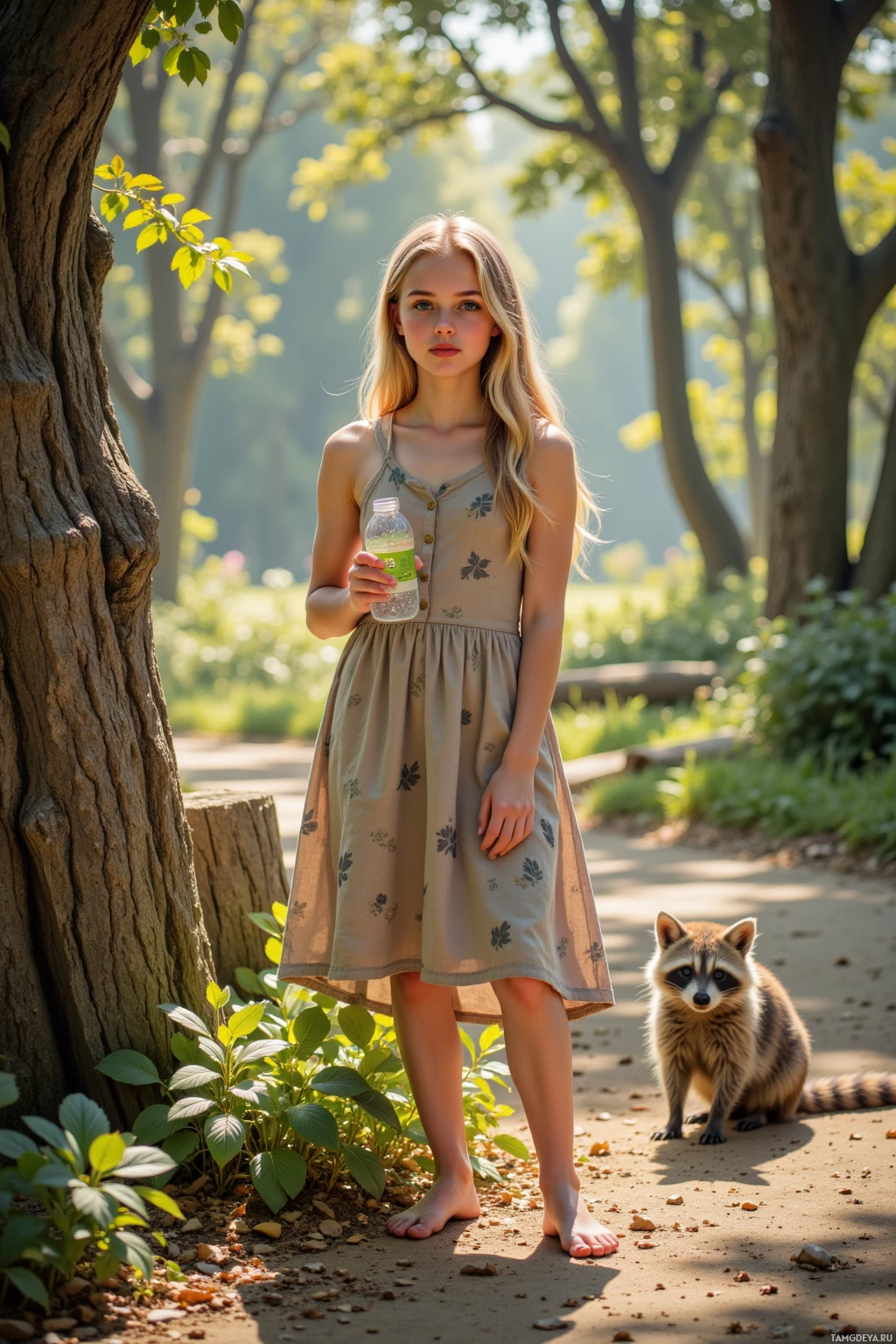 A young girl in a dress stands barefoot in a park, holding a water bottle, with a raccoon nearby.