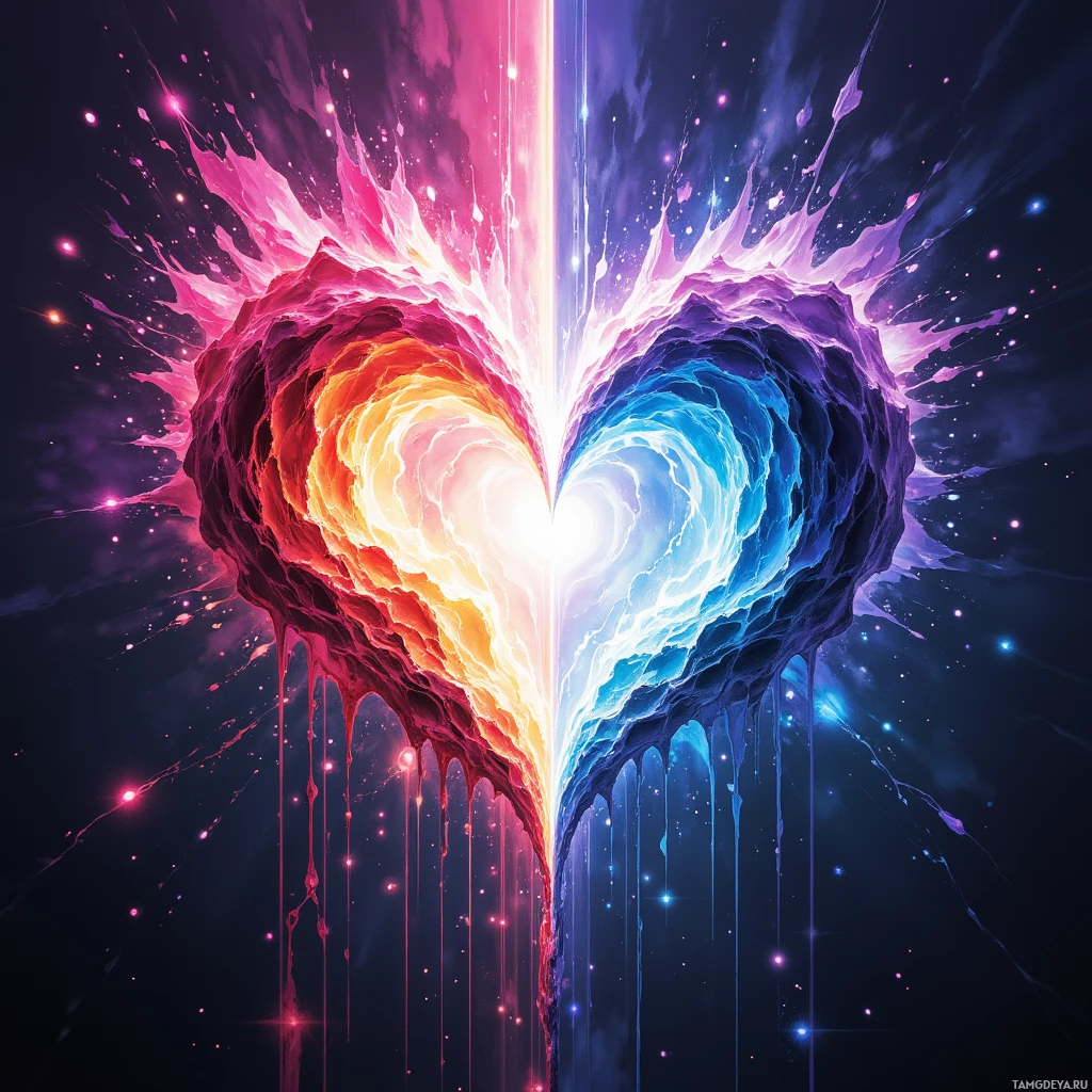 A vibrant, abstract heart-shaped figure with swirling colors and glowing particles against a dark background.