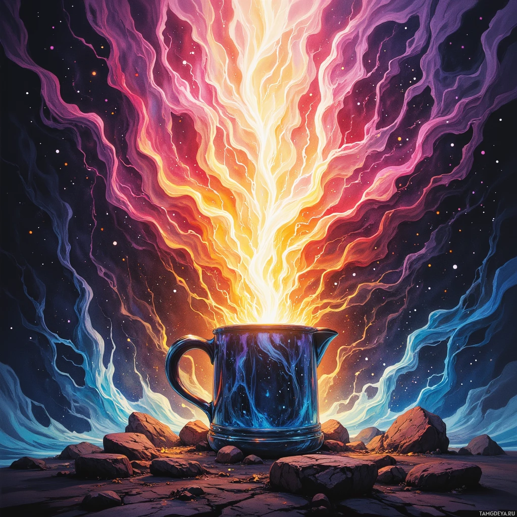 A glowing, radiant cup emits vibrant, cosmic energy against a starry night sky.