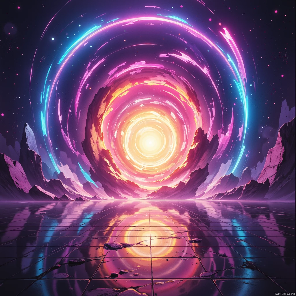 A vibrant, futuristic landscape featuring a glowing, swirling portal surrounded by rocky formations and a reflective surface.