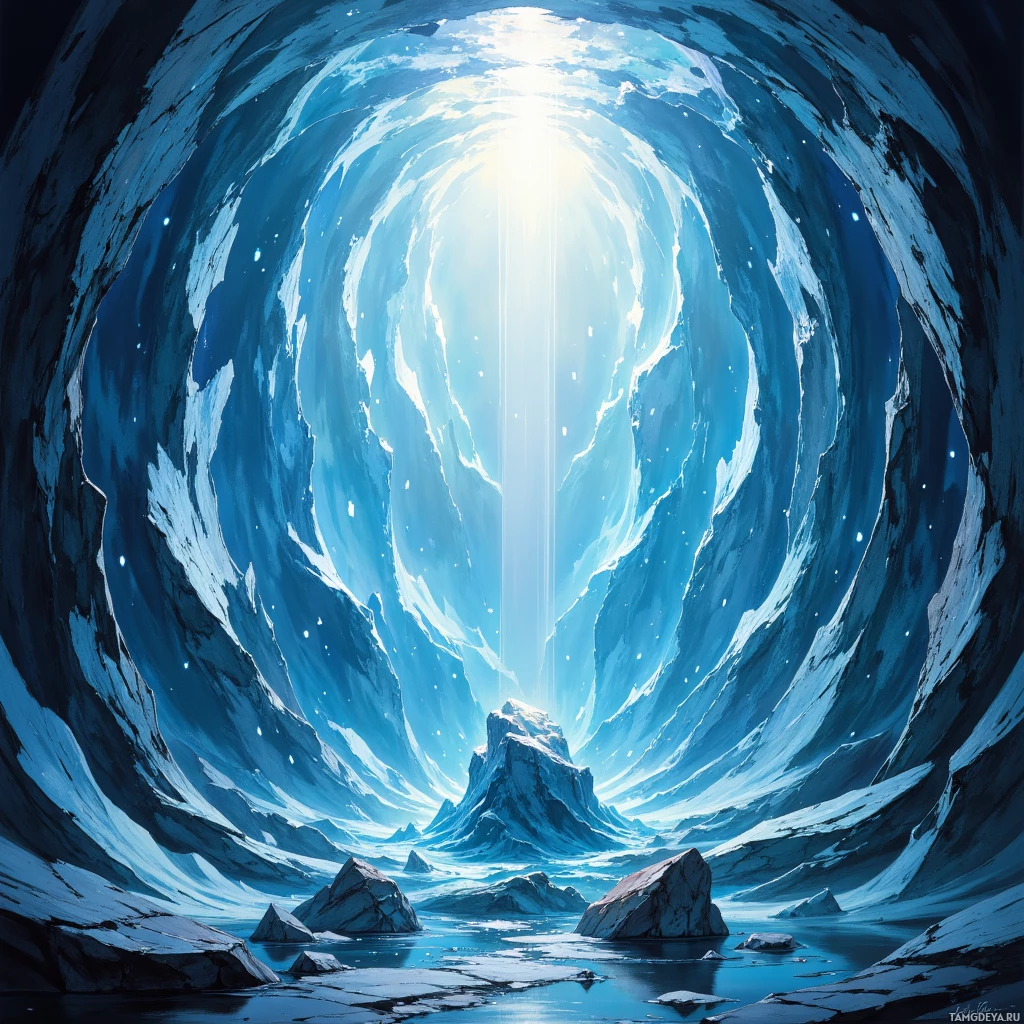 A serene, icy landscape with a glowing light at the end of a tunnel.