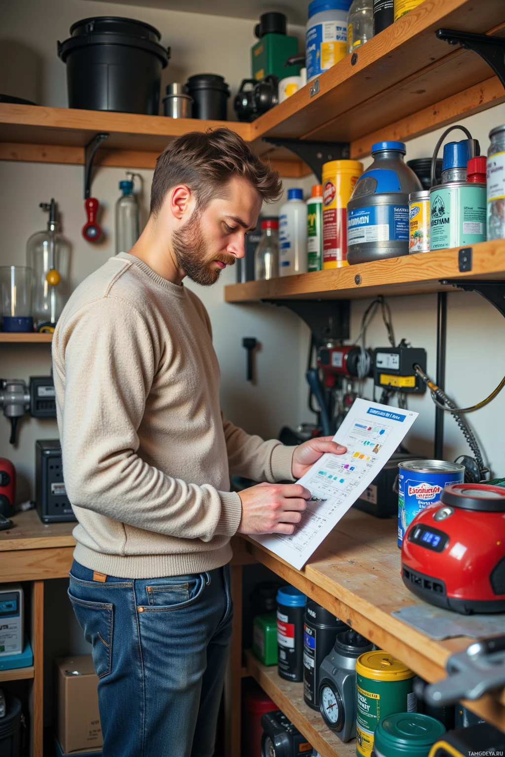 A man in a workshop examines a document while surrounded by various tools and supplies on shelves.