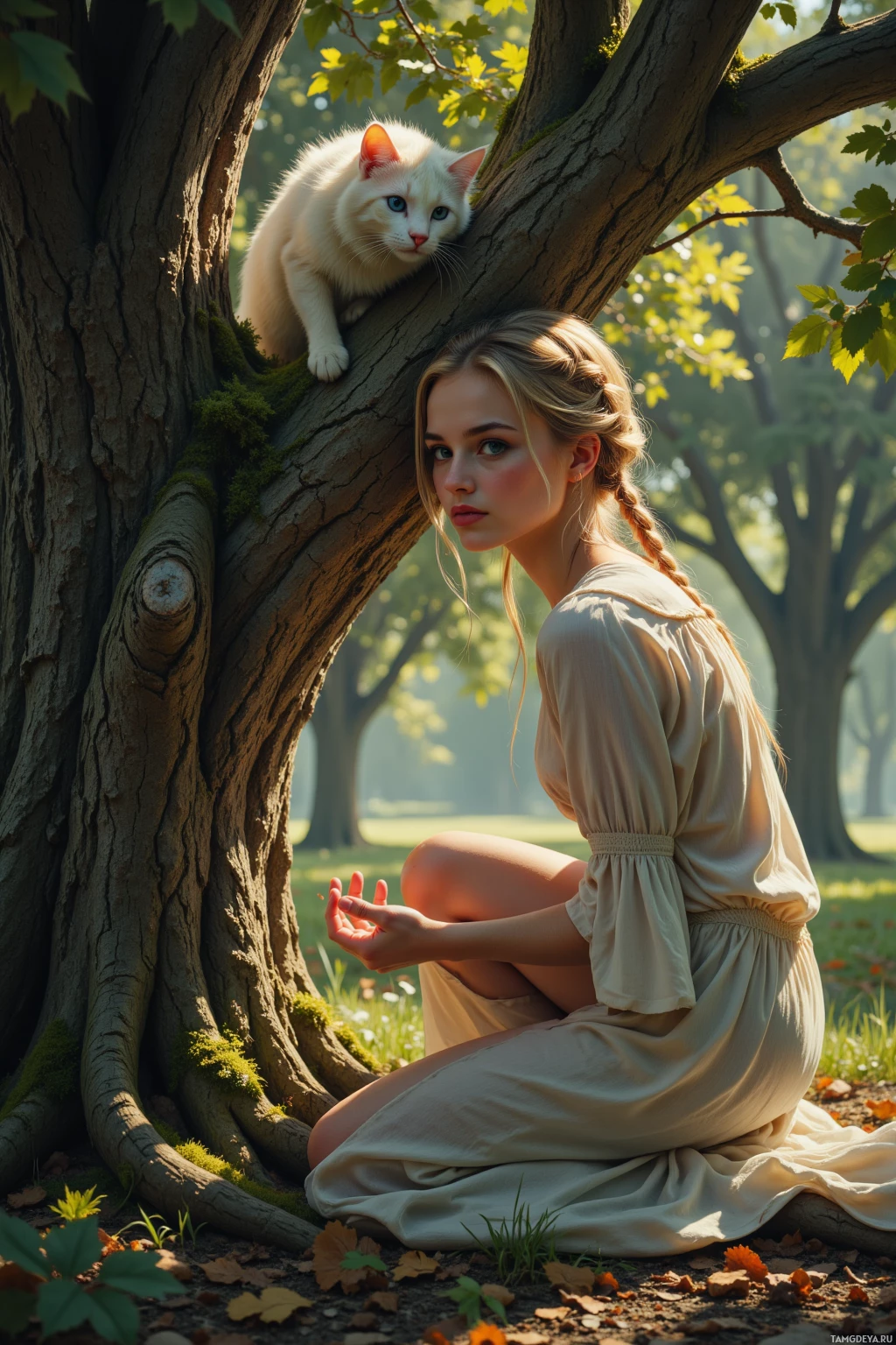 A woman in a beige dress sits under a tree with a white cat perched on the branch above her.