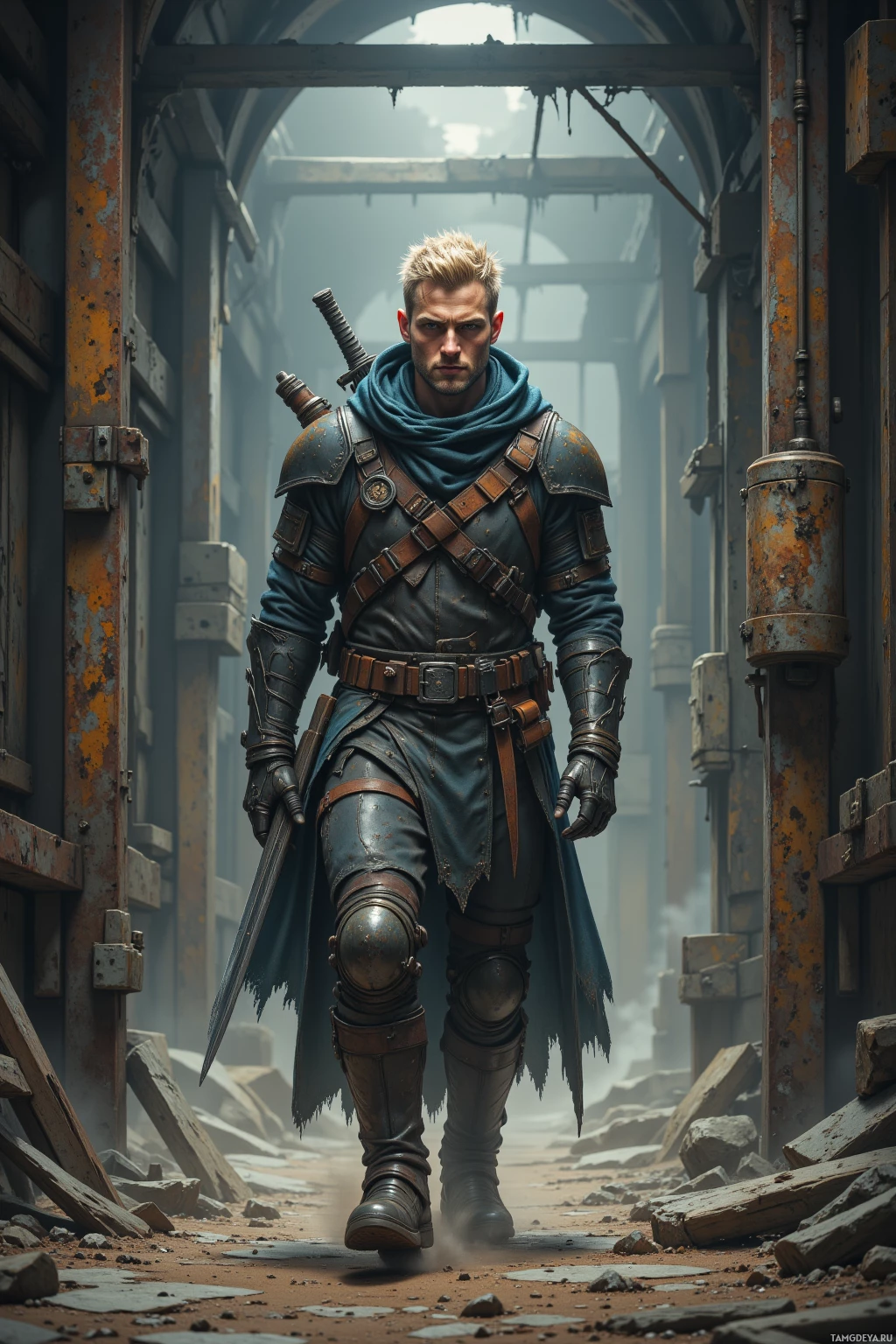 A rugged warrior in armor and a blue scarf stands in a dilapidated, industrial setting.