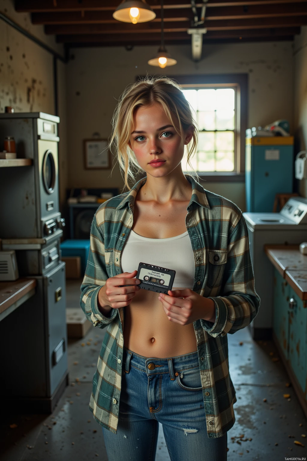 A person stands in a rustic room holding a cassette tape.