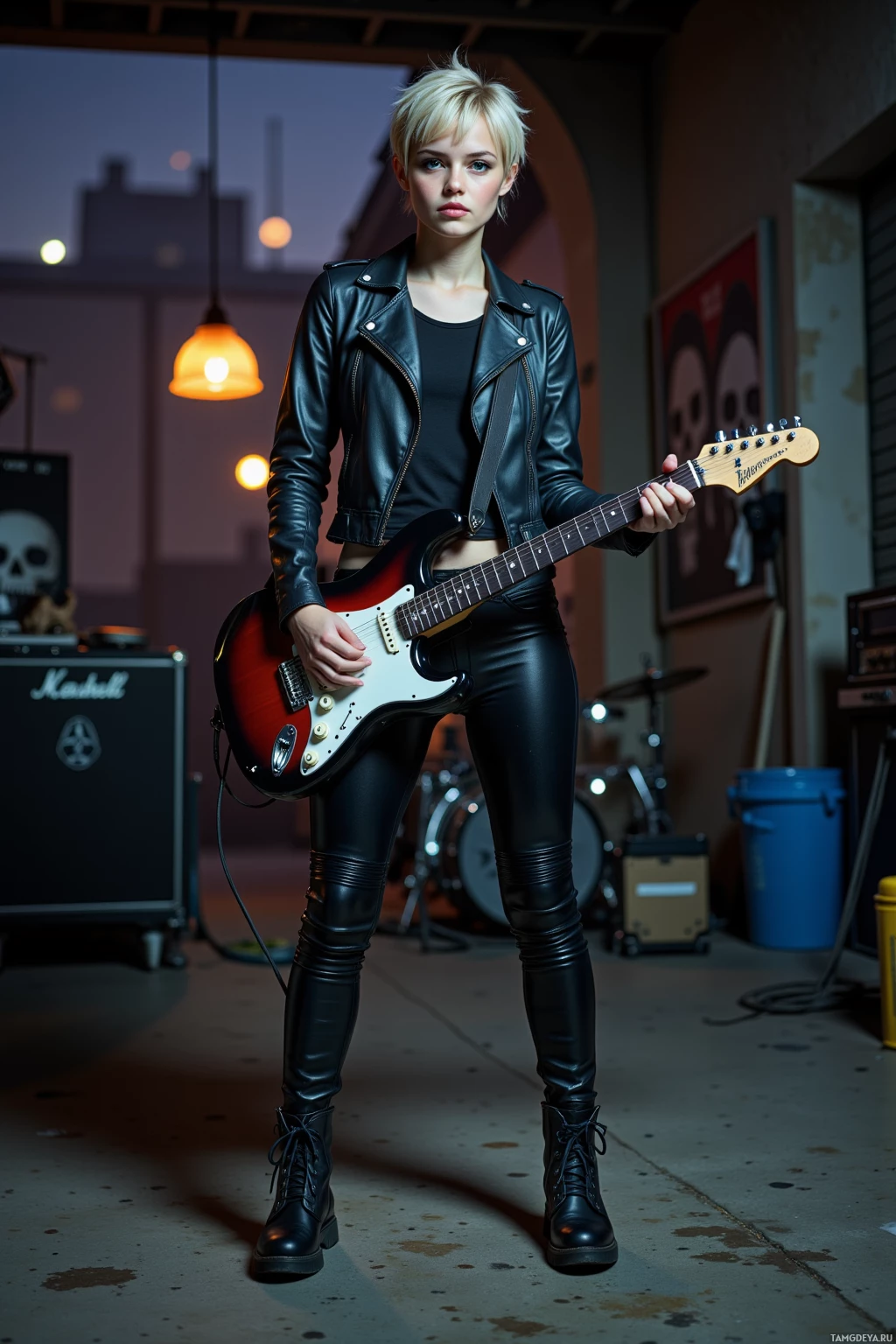A person in a leather jacket and pants holds a guitar in a dimly lit room with musical equipment.