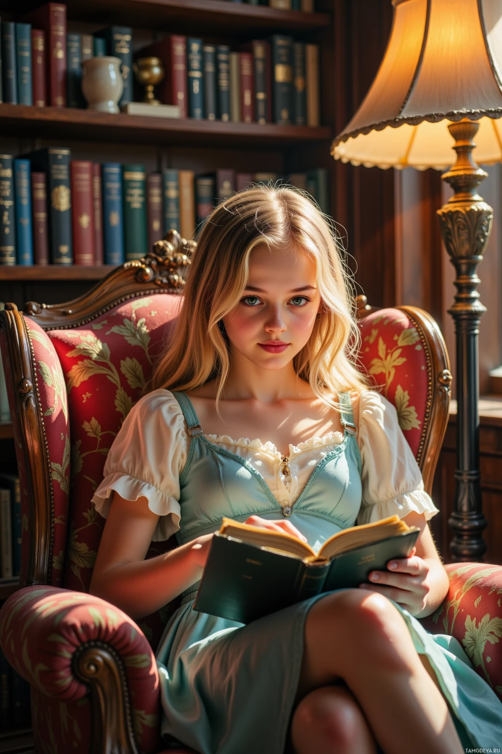 A young woman sits in an ornate chair, reading a book in a cozy library setting.