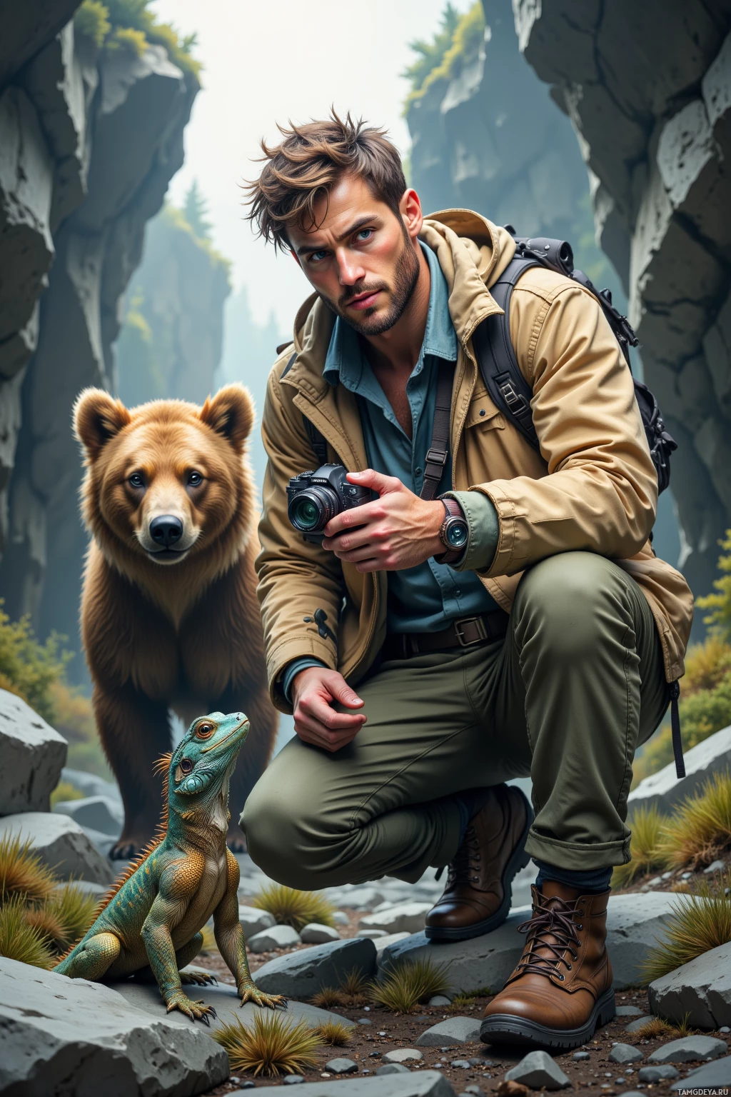 A man in outdoor gear kneels beside a bear and an iguana in a rocky, natural setting.