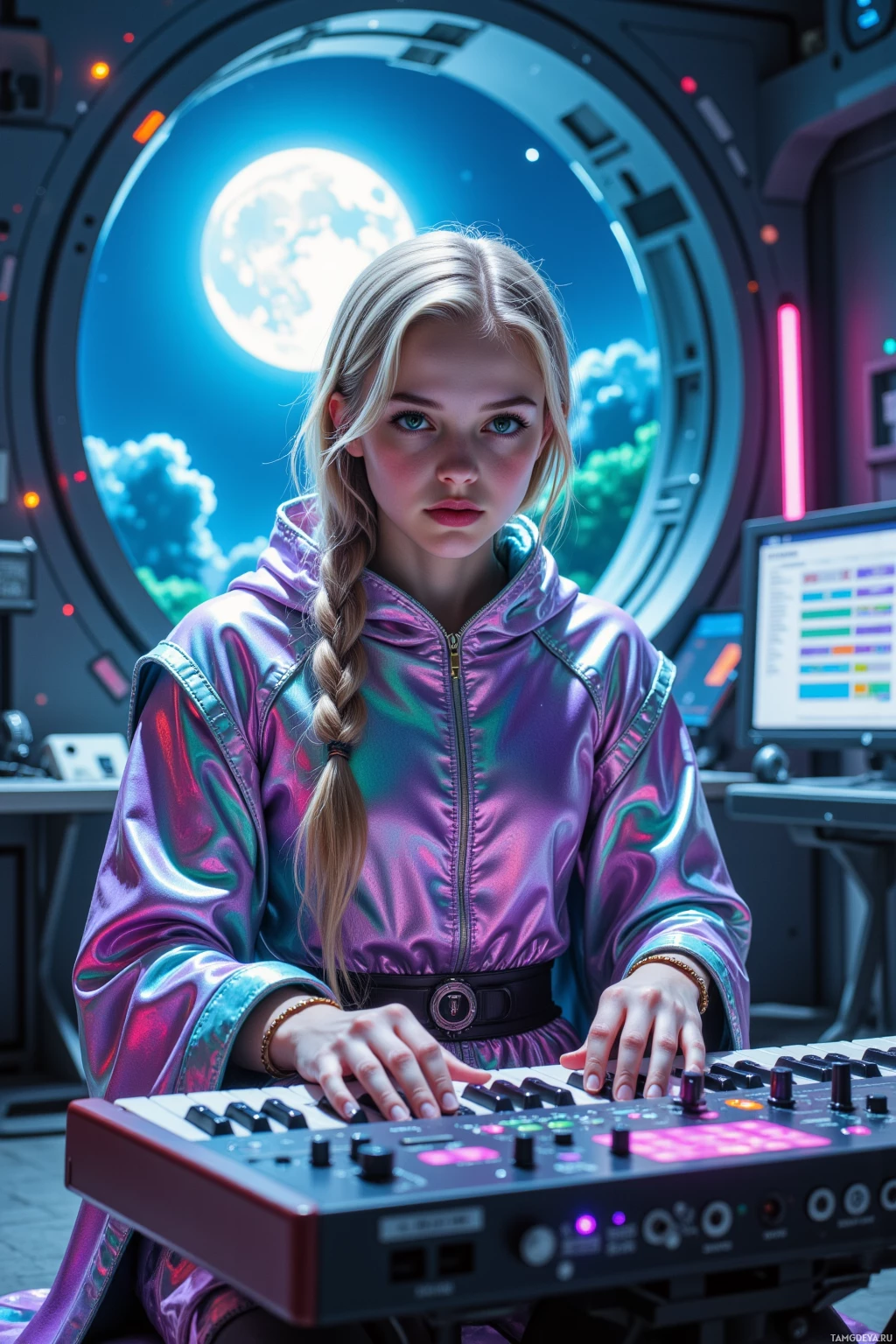 A young person in a shiny jacket plays a keyboard in a futuristic setting.