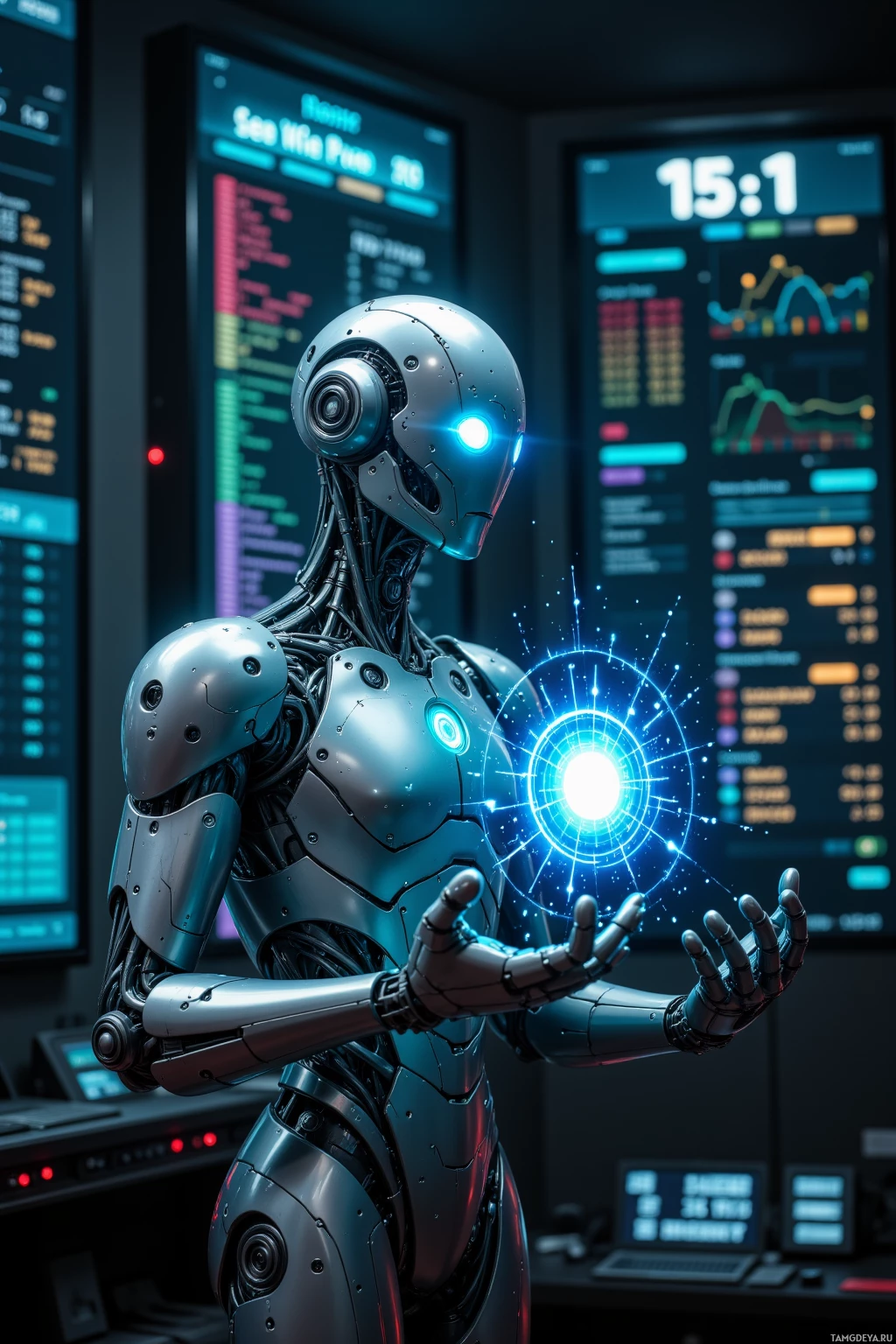 A futuristic robot stands in a control room with glowing screens and a holographic projection.