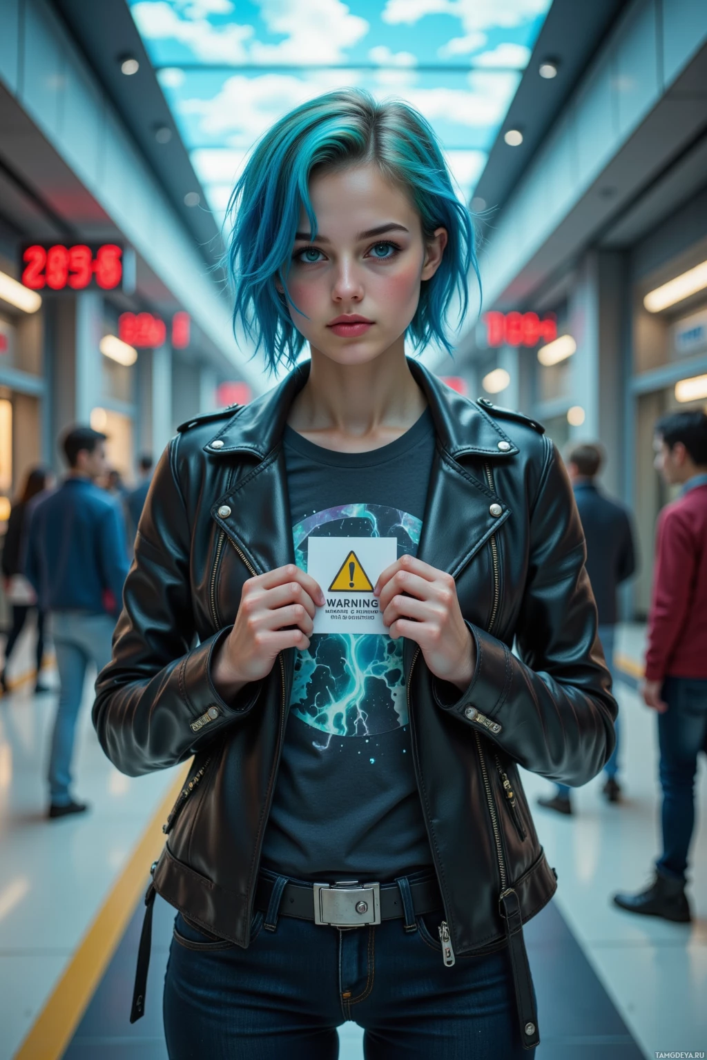 A person with blue hair wearing a black leather jacket and holding a warning sign stands in a modern indoor setting.