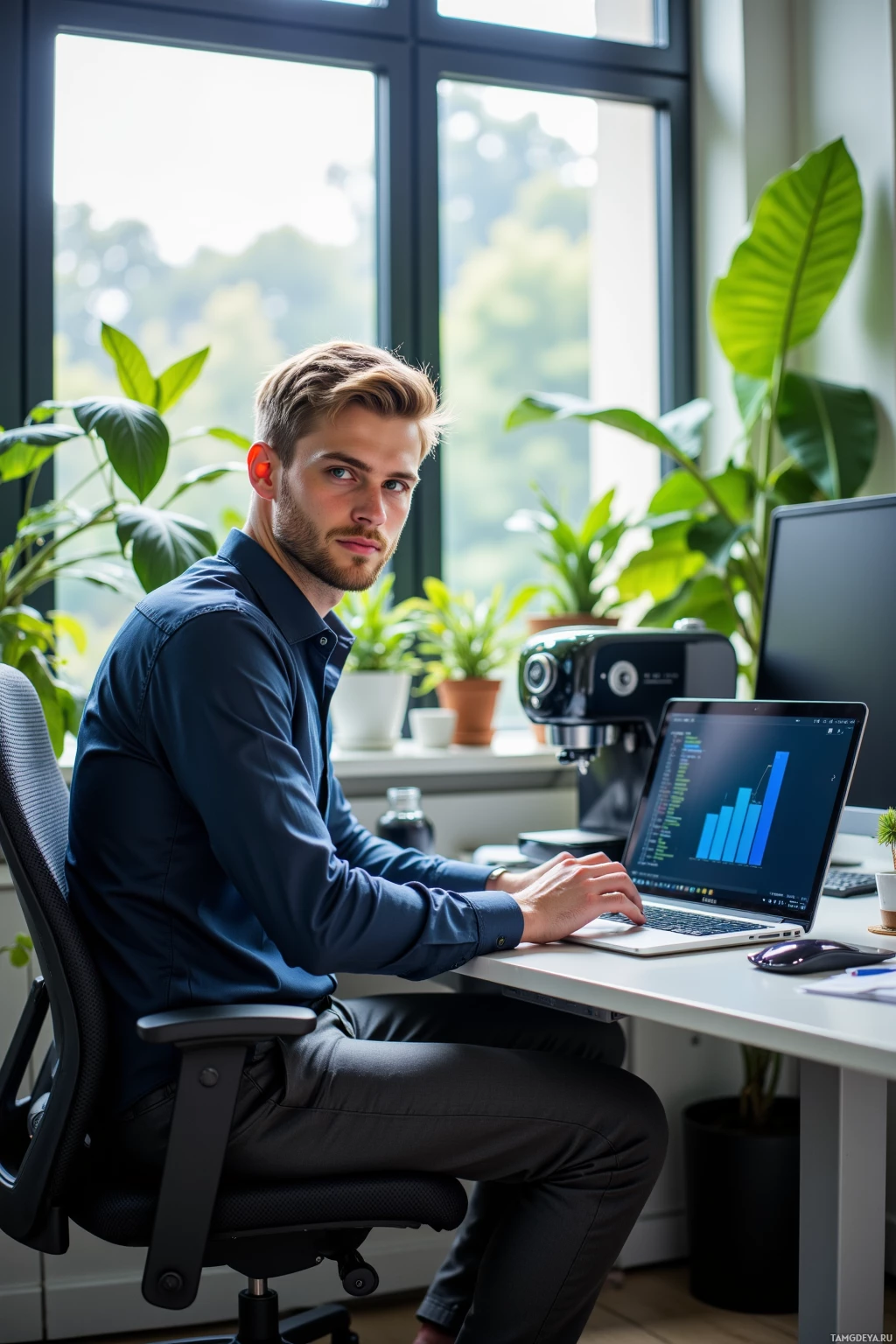 A man sits at a desk in a modern office, working on a laptop.