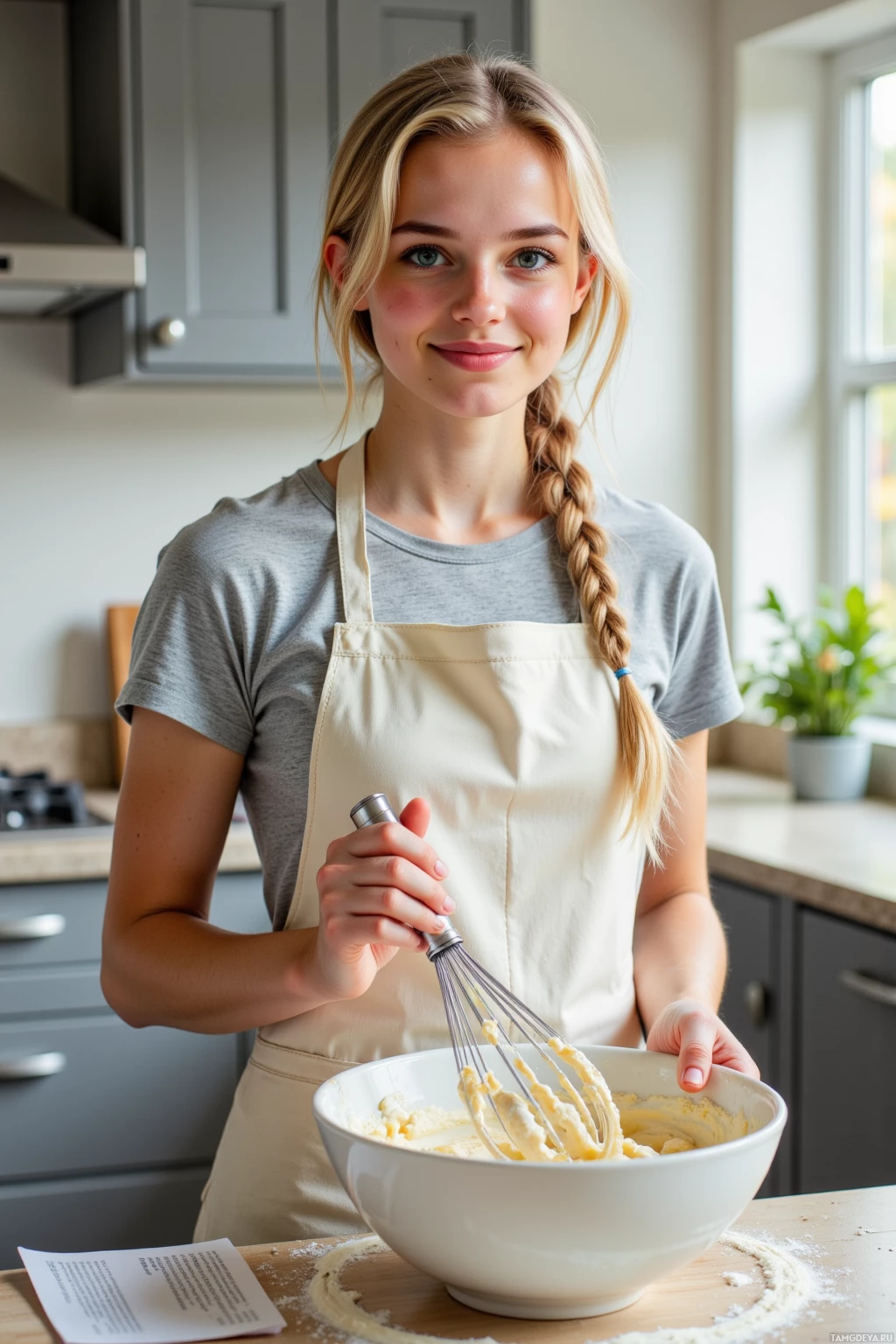 A person wearing an apron is mixing ingredients in a bowl with a whisk.