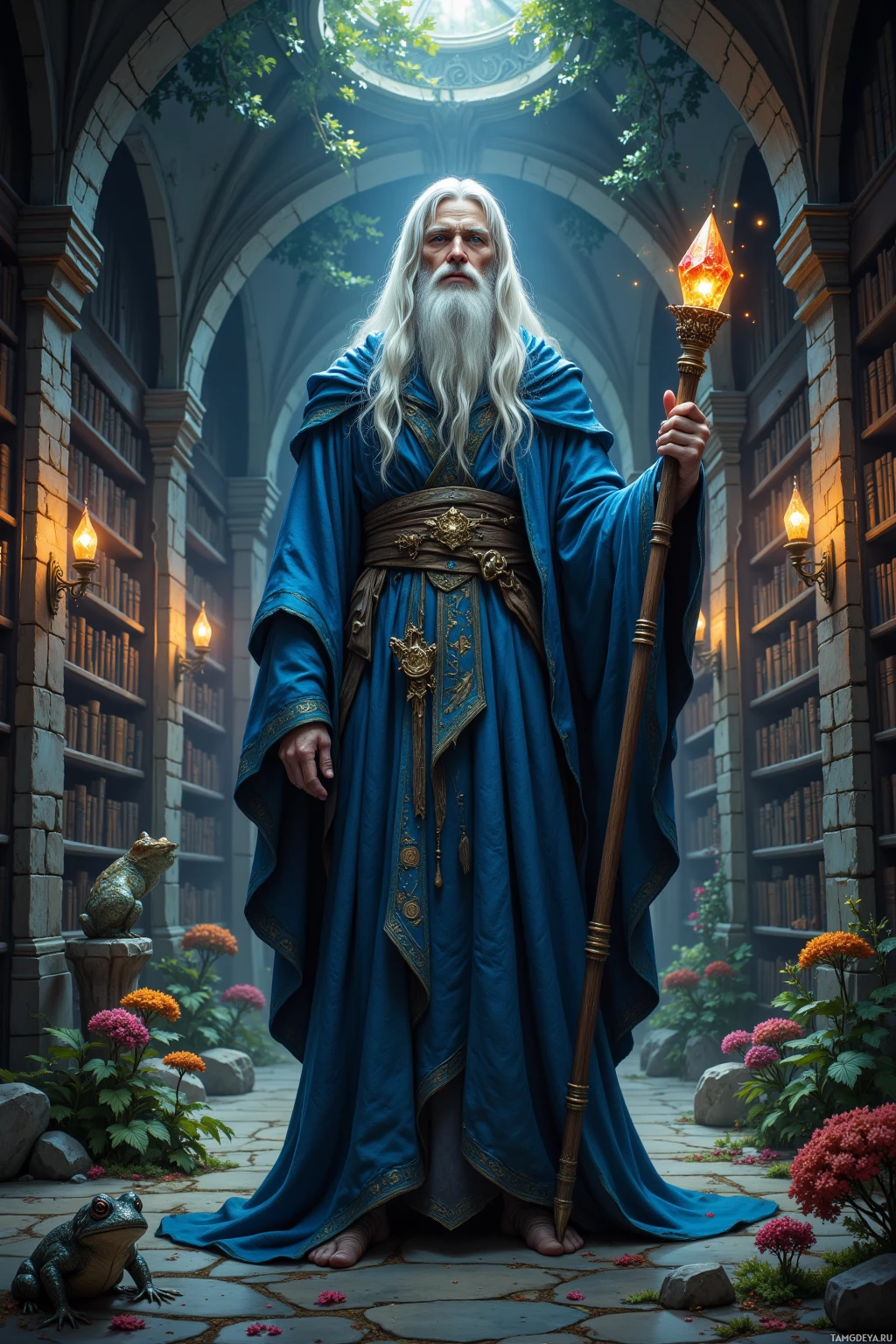 A wizard in a blue robe stands in a library, holding a glowing staff.