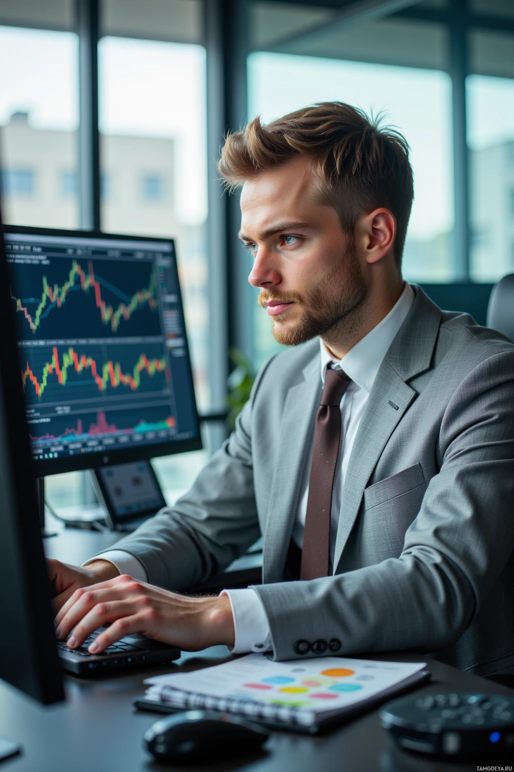 A man in a suit is working at a desk with a computer displaying a graph.