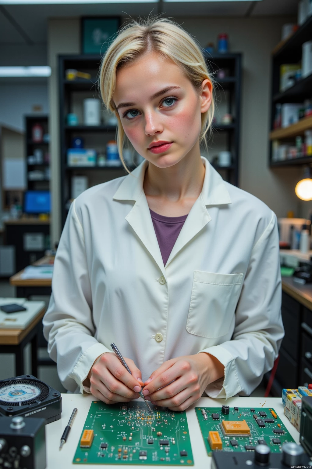 A person in a lab coat is working on electronic circuit boards.