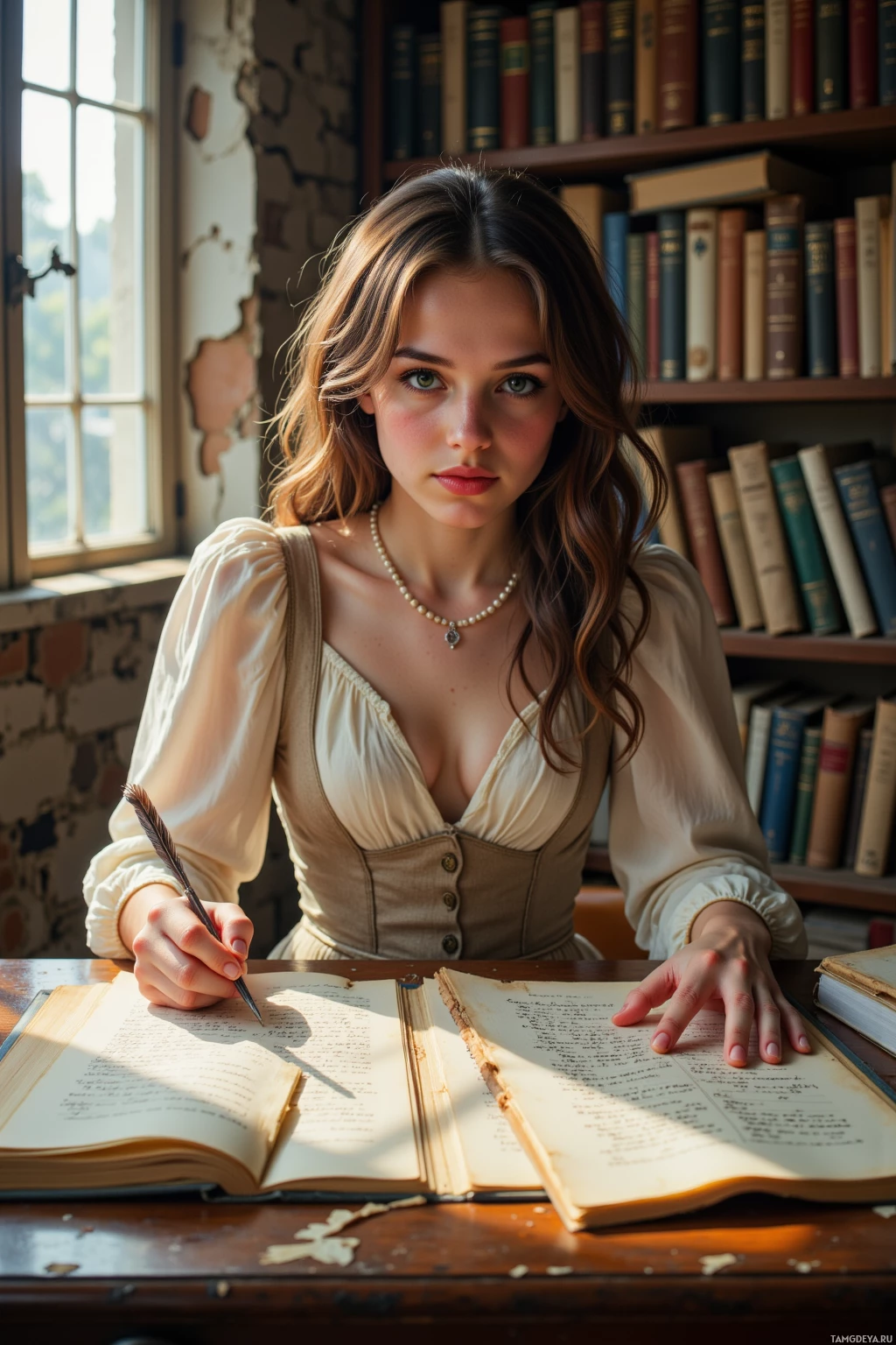 A woman is seated at a desk in a library, writing in an open book with a quill pen.