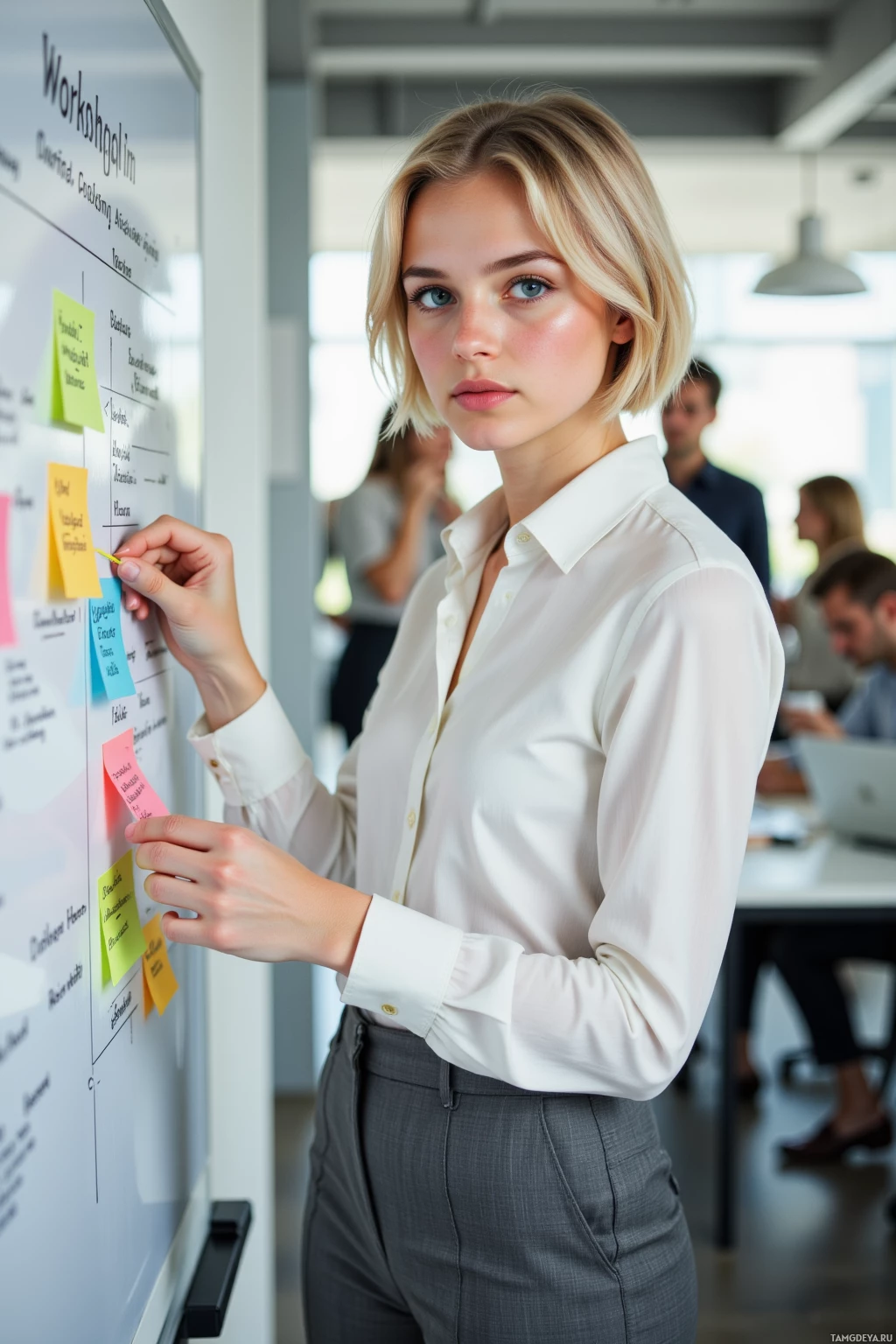 A woman in a white shirt and gray pants stands in front of a whiteboard, holding a marker.
