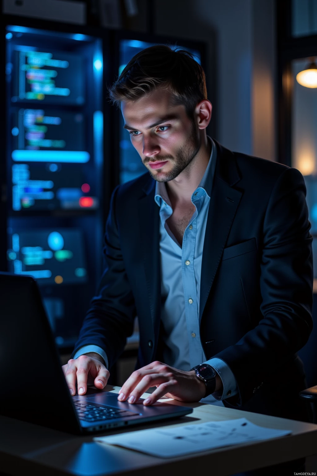 A man in a suit works intently on a laptop in a dimly lit office.