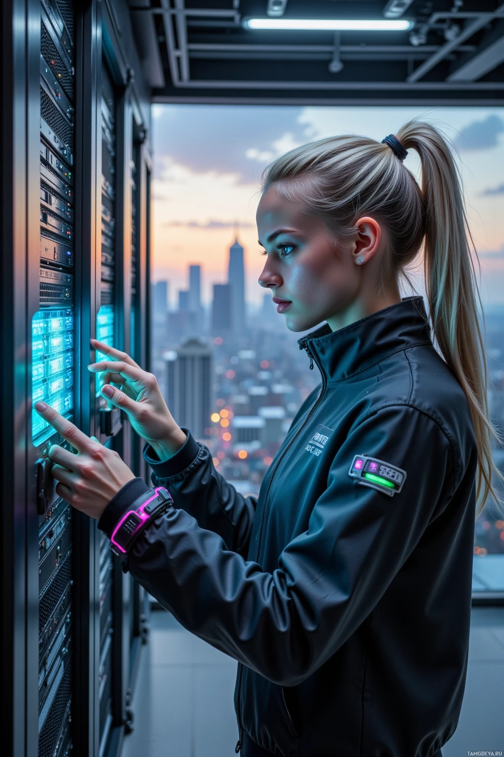 A person in a black jacket interacts with a server in a data center with a cityscape in the background.